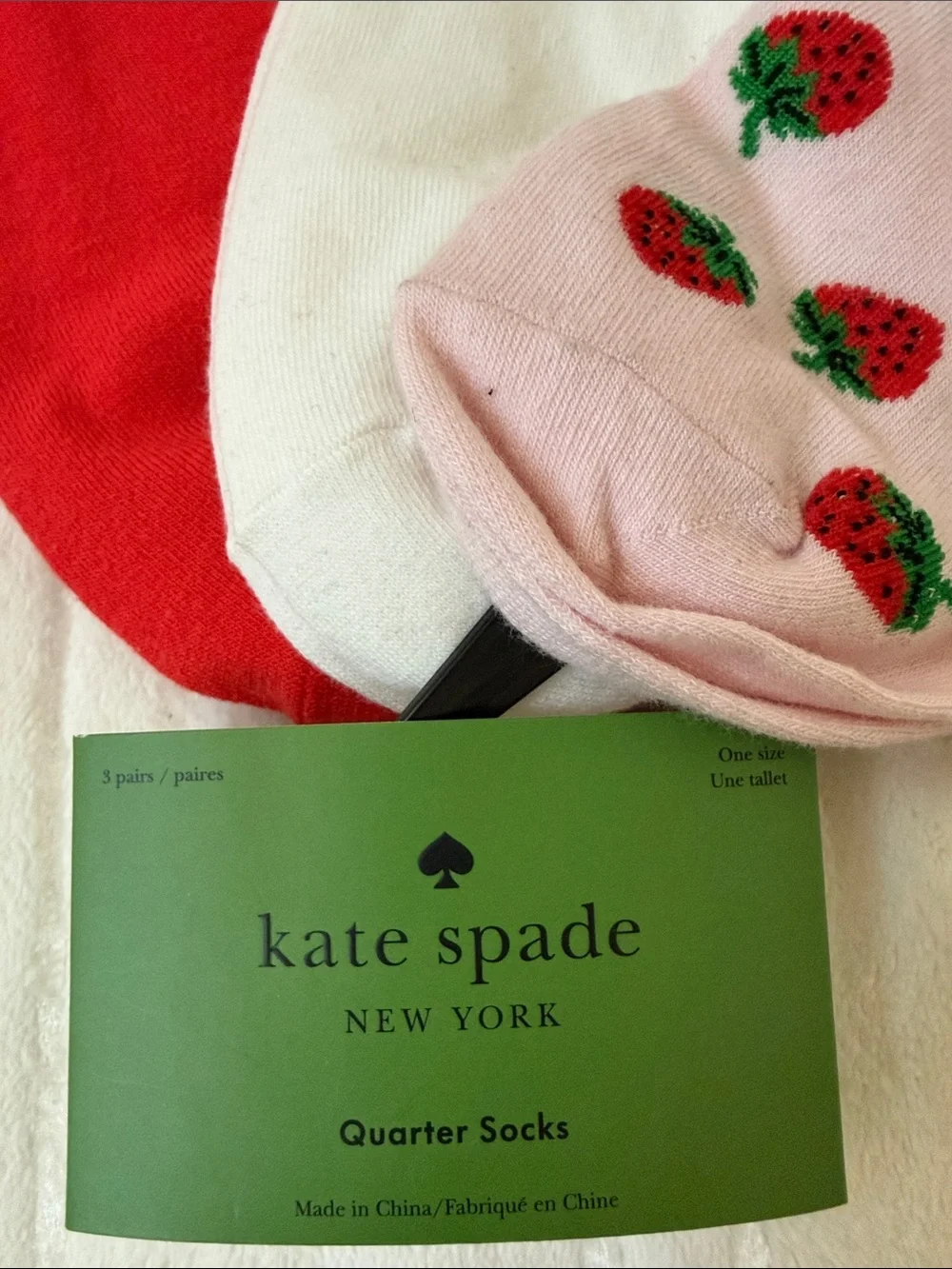 Kate Spade New York 3 Pairs Red, White & Pink Strawberry Ankle Sock Trio
